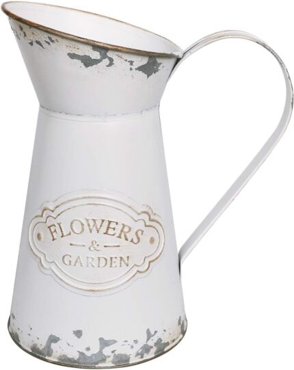 APSOONSELL Rustic White Metal Mini Milk Jug Vase, 7.87 inches tall, with an antique finish, displayed on a surface.