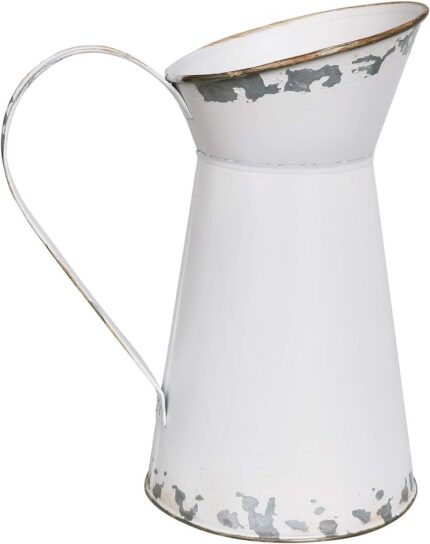 APSOONSELL Rustic White Metal Mini Milk Jug Vase, 7.87 inches tall, with an antique finish, displayed on a surface.