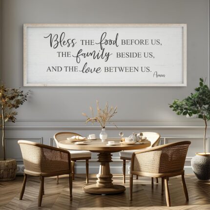 White wooden wall sign with "Bless The Food Before Us" text, in a rustic farmhouse style, 40x11 inches.