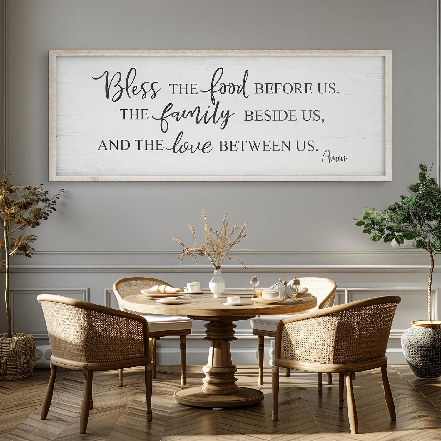 bless-the-food-before-us-wall-sign-by-easozoom-white-40-x-11-wood-art-01 White wooden wall sign with "Bless The Food Before Us" text, in a rustic farmhouse style, 40x11 inches.