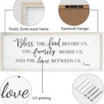 White wooden wall sign with "Bless The Food Before Us" text, in a rustic farmhouse style, 40x11 inches.