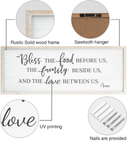 White wooden wall sign with "Bless The Food Before Us" text, in a rustic farmhouse style, 40x11 inches.