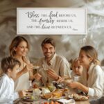 White wooden wall sign with "Bless The Food Before Us" text, in a rustic farmhouse style, 40x11 inches.