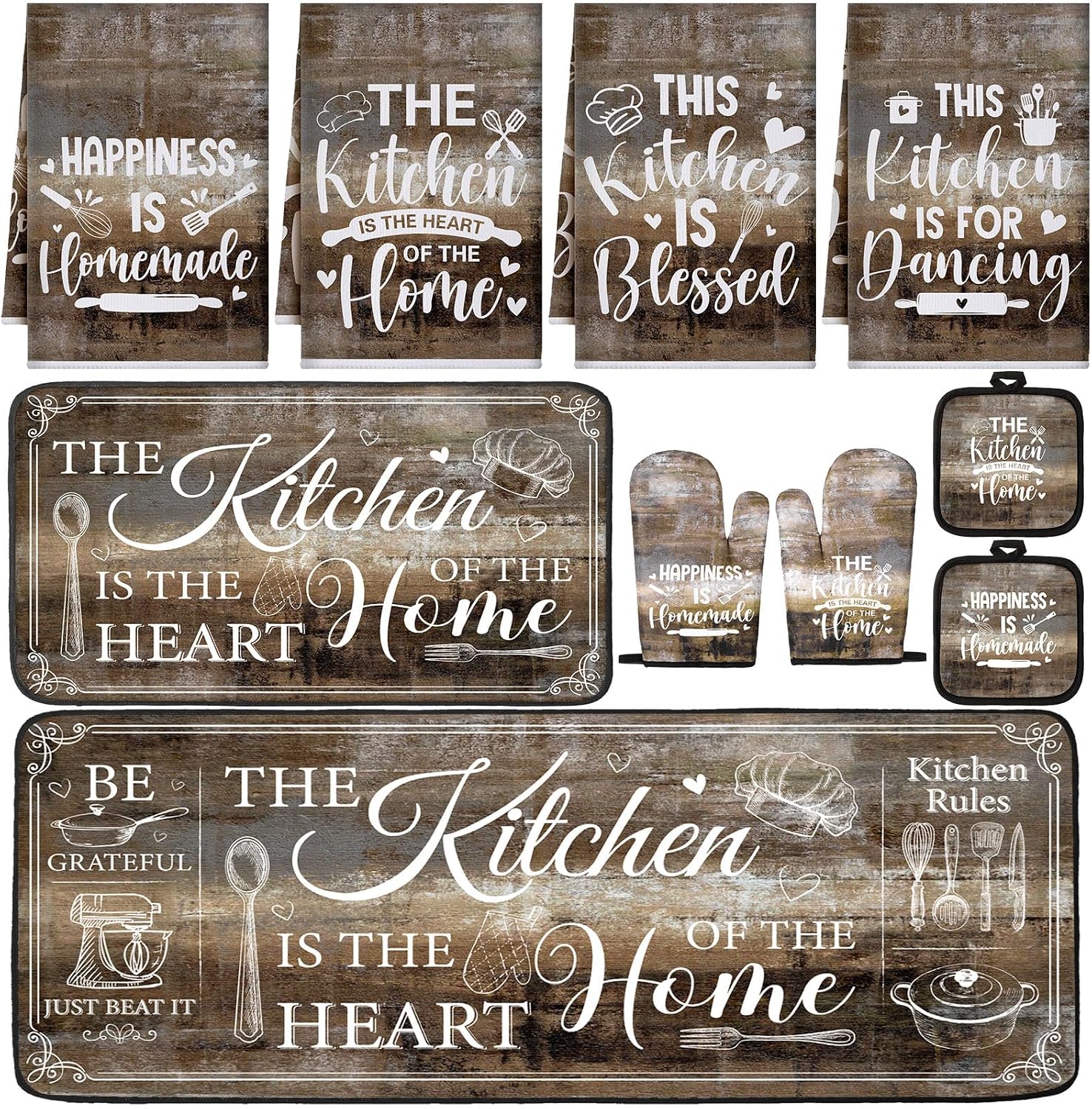 fourluoo-10-piece-farmhouse-kitchen-decor-set-4-towels-2-rugs-2-oven-mitts-2-pot-holders-01 A complete 10-piece Fourluoo farmhouse kitchen decor set featuring brown gray towels, rugs, oven mitts, and pot holders.