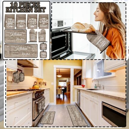 A complete 10-piece Fourluoo farmhouse kitchen decor set featuring brown gray towels, rugs, oven mitts, and pot holders.