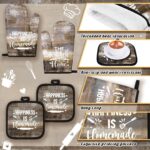 A complete 10-piece Fourluoo farmhouse kitchen decor set featuring brown gray towels, rugs, oven mitts, and pot holders.