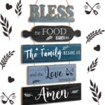 A 5-piece Geetery Farmhouse Blue wooden wall decor sign, vertically hung, with the phrase "Bless The Food Before Us".