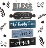 A 5-piece Geetery Farmhouse Blue wooden wall decor sign, vertically hung, with the phrase "Bless The Food Before Us".
