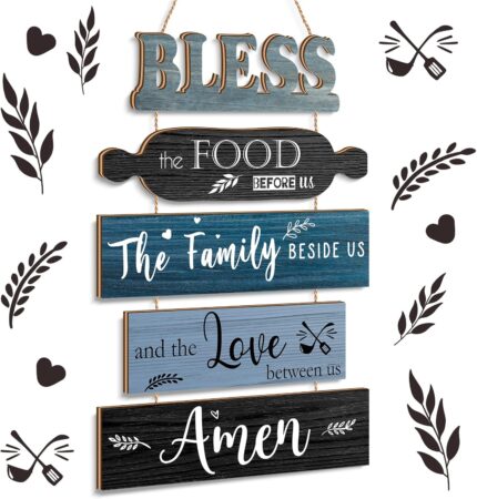 A 5-piece Geetery Farmhouse Blue wooden wall decor sign, vertically hung, with the phrase "Bless The Food Before Us".