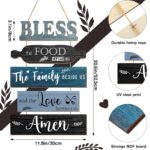 A 5-piece Geetery Farmhouse Blue wooden wall decor sign, vertically hung, with the phrase "Bless The Food Before Us".