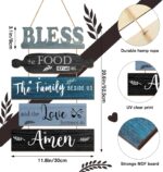 A 5-piece Geetery Farmhouse Blue wooden wall decor sign, vertically hung, with the phrase "Bless The Food Before Us".