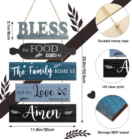 A 5-piece Geetery Farmhouse Blue wooden wall decor sign, vertically hung, with the phrase "Bless The Food Before Us".