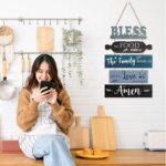 A 5-piece Geetery Farmhouse Blue wooden wall decor sign, vertically hung, with the phrase "Bless The Food Before Us".