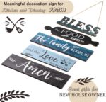 A 5-piece Geetery Farmhouse Blue wooden wall decor sign, vertically hung, with the phrase "Bless The Food Before Us".