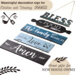 A 5-piece Geetery Farmhouse Blue wooden wall decor sign, vertically hung, with the phrase "Bless The Food Before Us".