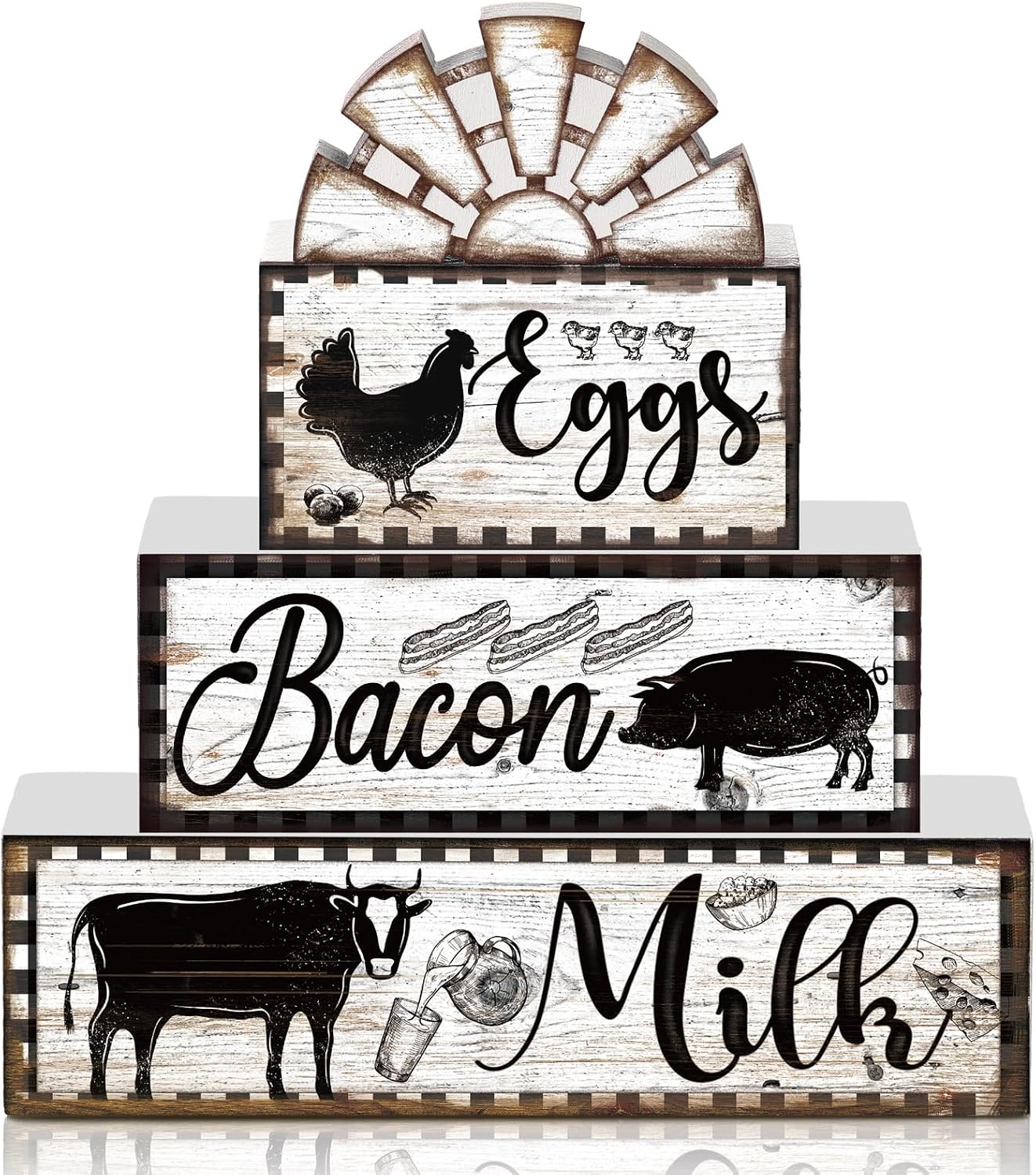 jetec-4-piece-farmhouse-kitchen-tiered-tray-decor-cow-rooster-pig-signs-01 A set of four black and white wooden farmhouse signs, featuring a cow, rooster, and pig, displayed on a tiered tray.