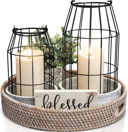 Two KIBAGA rustic farmhouse lanterns, one large and one small, with distressed black and white finishes, on a tabletop.