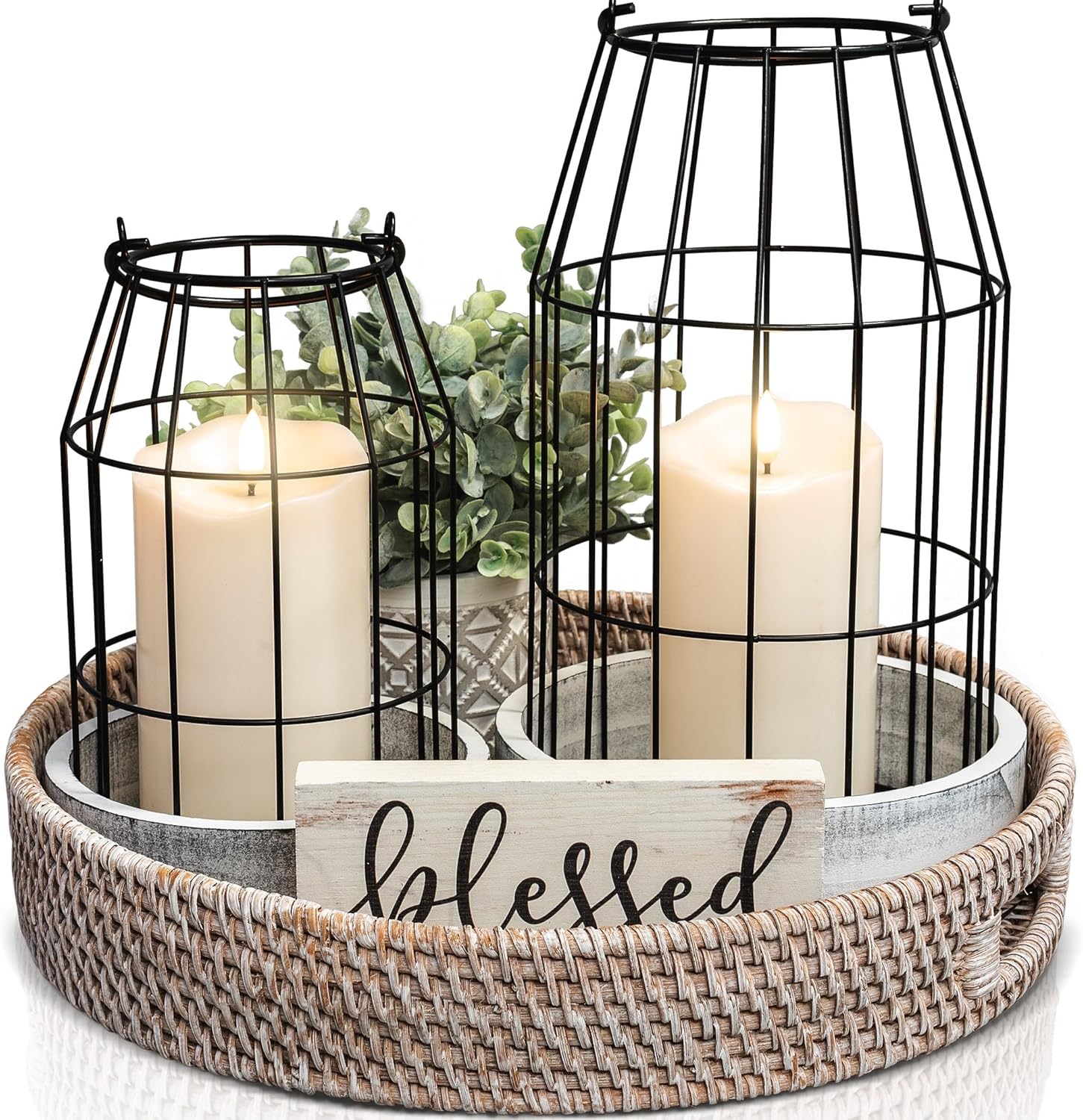 kibaga-rustic-farmhouse-lantern-decor-set-of-2-black-white-metal-wood-01 Two KIBAGA rustic farmhouse lanterns, one large and one small, with distressed black and white finishes, on a tabletop.