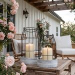 Two KIBAGA rustic farmhouse lanterns, one large and one small, with distressed black and white finishes, on a tabletop.