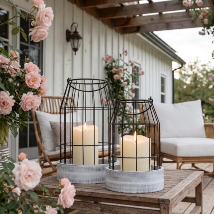 Two KIBAGA rustic farmhouse lanterns, one large and one small, with distressed black and white finishes, on a tabletop.