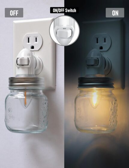 Two clear glass Mason jar night lights with brushed plastic bases, plugged into wall outlets, emitting a warm glow.