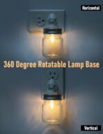 Two clear glass Mason jar night lights with brushed plastic bases, plugged into wall outlets, emitting a warm glow.