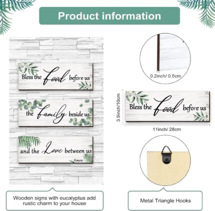 Three Maitys eucalyptus greenery wooden wall signs with 'Bless Family Food Love' text, hung on a rustic wall.