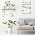 Three Maitys eucalyptus greenery wooden wall signs with 'Bless Family Food Love' text, hung on a rustic wall.