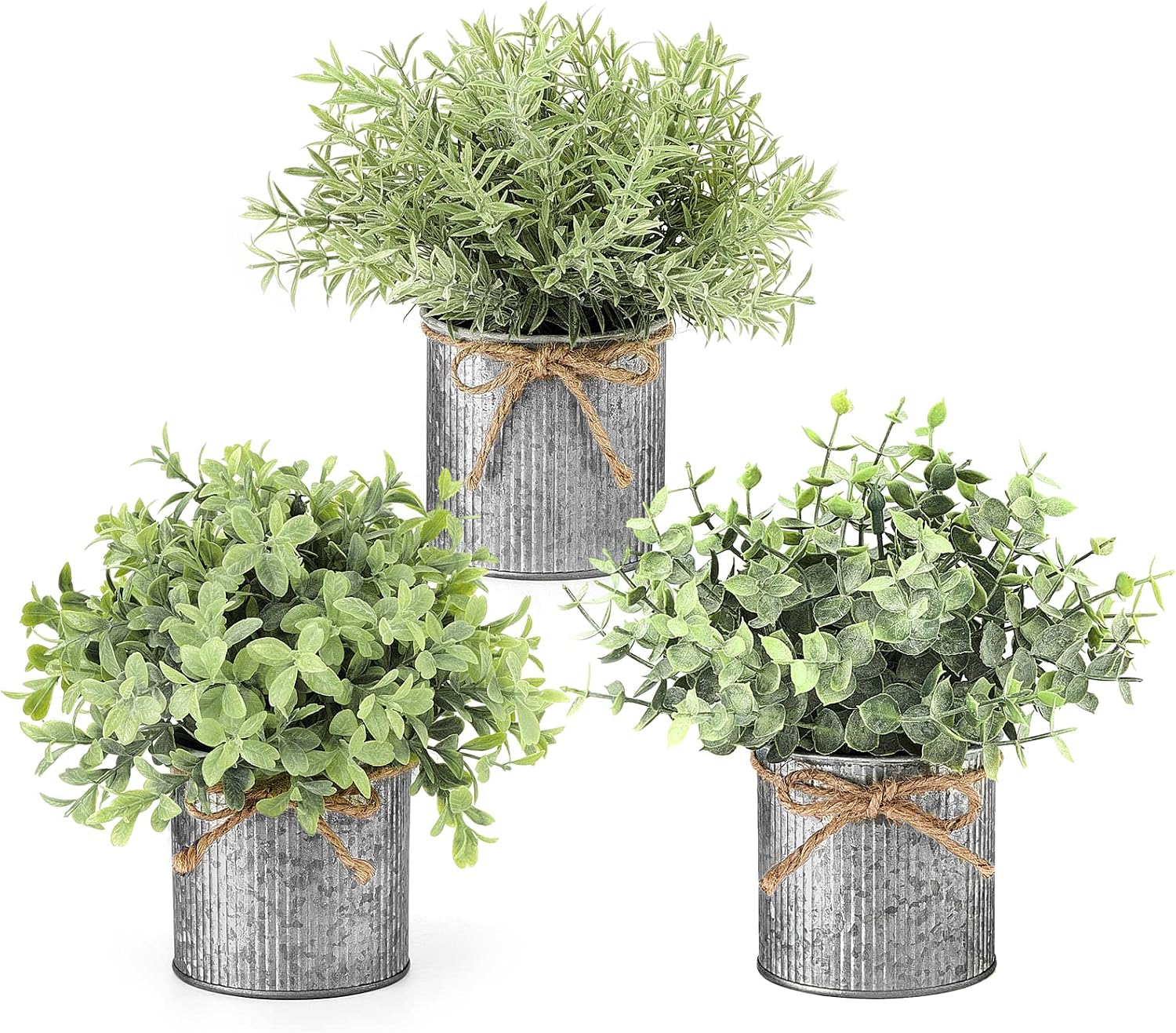 mkono-3-pack-artificial-plants-for-indoor-home-decor-galvanized-pots-01 Three small artificial plants: eucalyptus, boxwood, and rosemary, each in a grey galvanized metal pot with a jute rope bow, a