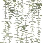 Mkono grey faux eucalyptus plant with long hanging vines in a rectangular galvanized metal pot, displayed on a shelf.