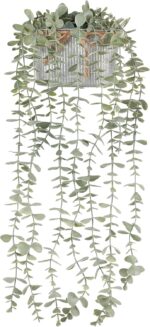 Mkono grey faux eucalyptus plant with long hanging vines in a rectangular galvanized metal pot, displayed on a shelf.