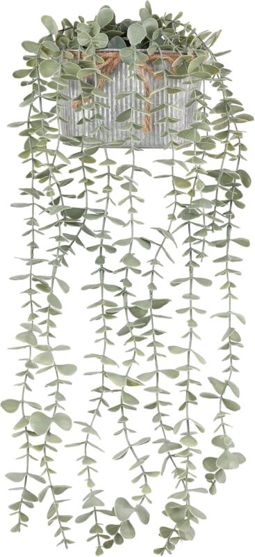 Mkono grey faux eucalyptus plant with long hanging vines in a rectangular galvanized metal pot, displayed on a shelf.