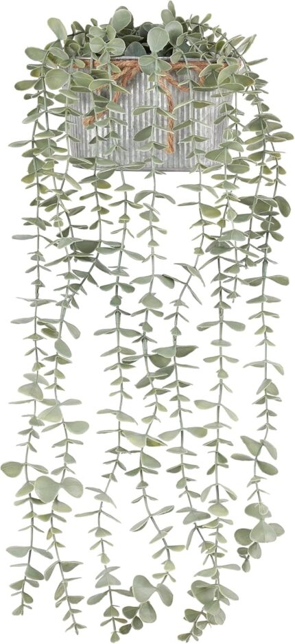 Mkono grey faux eucalyptus plant with long hanging vines in a rectangular galvanized metal pot, displayed on a shelf.