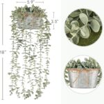 Mkono grey faux eucalyptus plant with long hanging vines in a rectangular galvanized metal pot, displayed on a shelf.