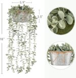 Mkono grey faux eucalyptus plant with long hanging vines in a rectangular galvanized metal pot, displayed on a shelf.