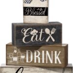A set of four Moucuny farmhouse-style wooden decorations, including a plate and three blocks with 'eat', 'drink', 'love' in b
