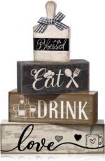 A set of four Moucuny farmhouse-style wooden decorations, including a plate and three blocks with 'eat', 'drink', 'love' in b