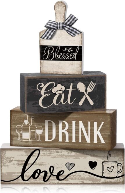 A set of four Moucuny farmhouse-style wooden decorations, including a plate and three blocks with 'eat', 'drink', 'love' in b