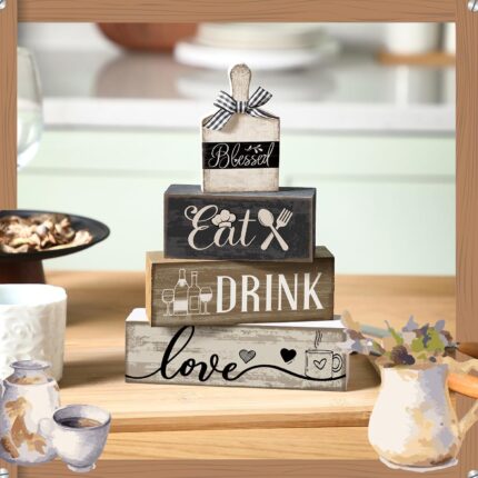 A set of four Moucuny farmhouse-style wooden decorations, including a plate and three blocks with 'eat', 'drink', 'love' in b